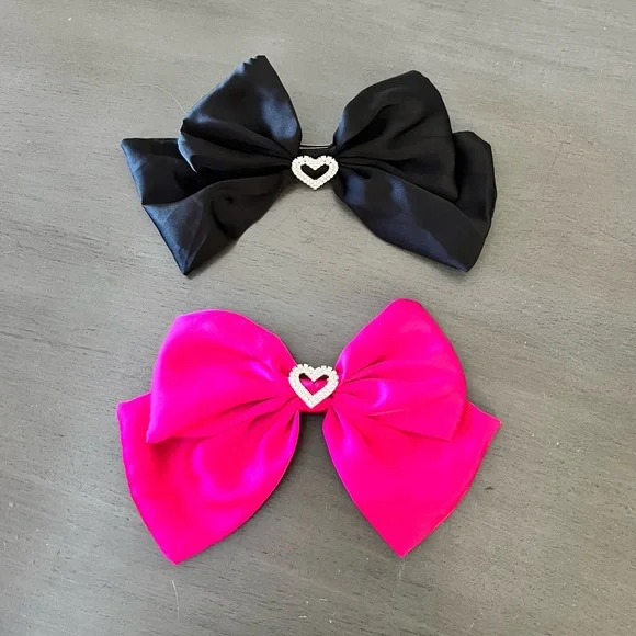 Black Satin Rhinestone Heart Coquette Preppy 8.5" Bow Snap Barrette Hair Clip - Picture 2 of 7